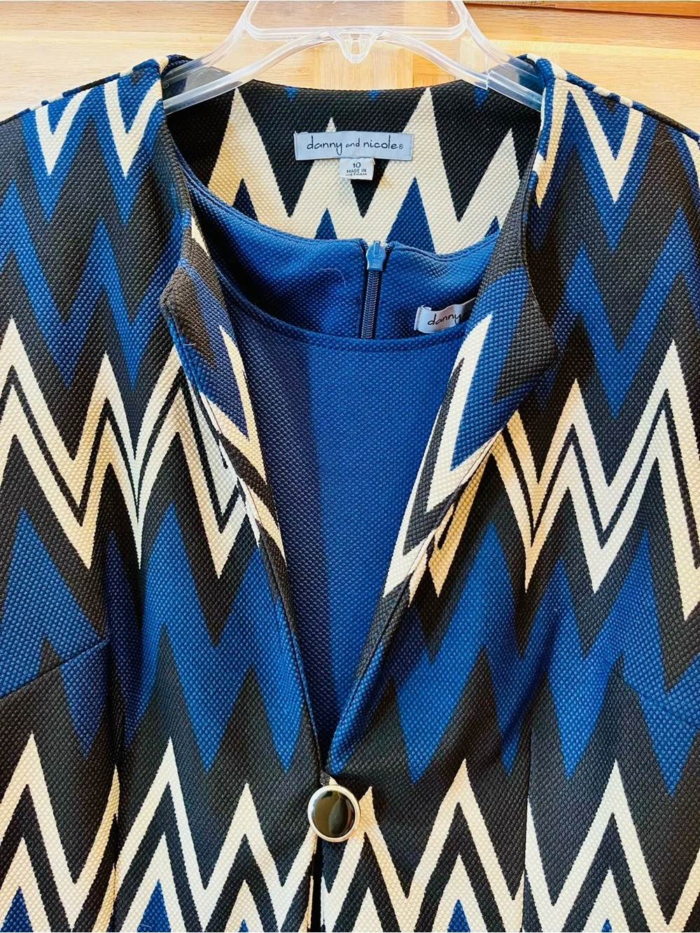 Danny & Nicole Blue, Black and Cream Chevron Sleeveless Dress and Jacket Set.